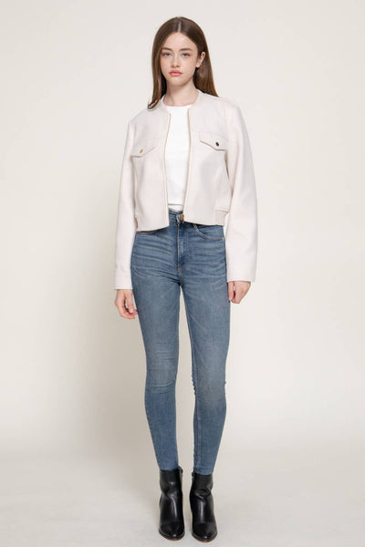 Long Sleeve Crew Neck Felt Jacket with Pocket Flap Detail