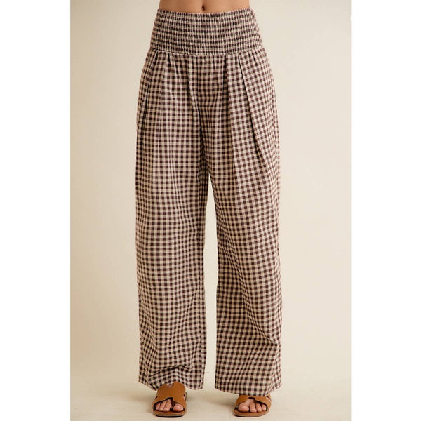 GINGHAM SMOCKED WAIST WIDE LEG PANTS