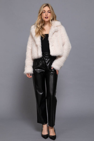 Long Sleeve Notched Collar Faux Fur Cropped Jacket
