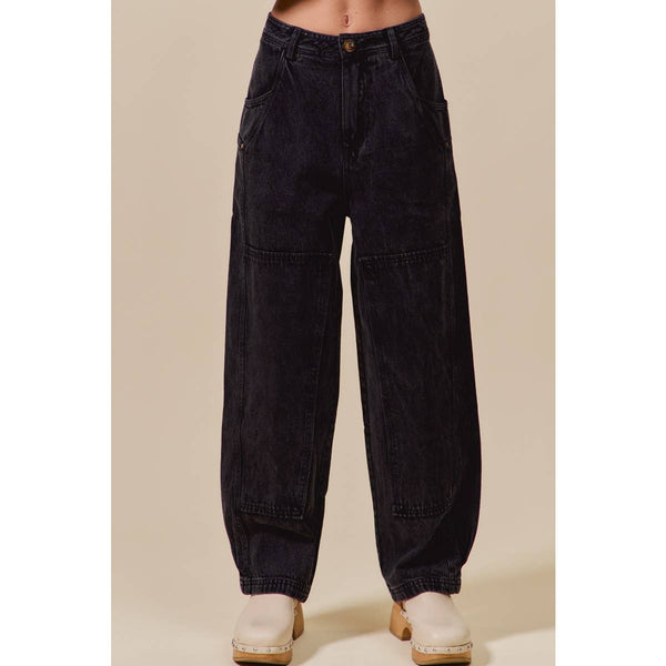 MINERAL WASHED MID RISE BARREL SHAPE PANTS