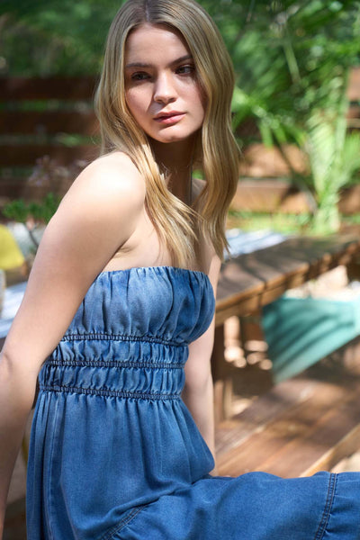 STRAPLESS SHIRRED TIERED DENIM MIDI SUNDRESS