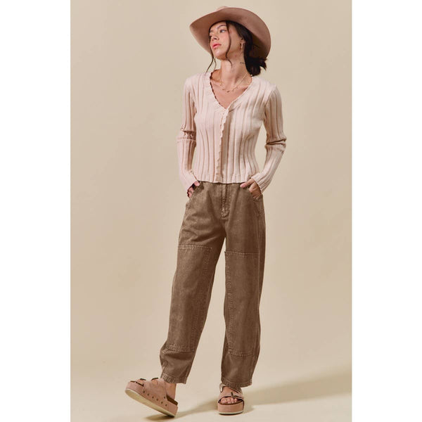 MINERAL WASHED MID RISE BARREL SHAPE PANTS