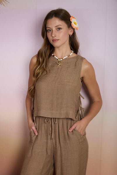 TEXTURED SIDE TIE SLEEVELESS CROP TOP