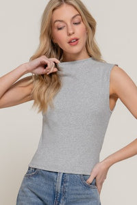 Active Basic Sleeveless Mock Neck Ribbed Knit Top- Grey