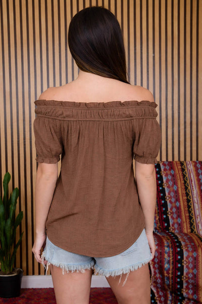 RUFFLED BOAT NECK FRONT TIE PUFF SLEEVE TOP