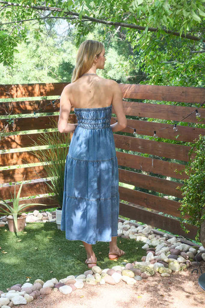 STRAPLESS SHIRRED TIERED DENIM MIDI SUNDRESS