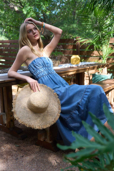 STRAPLESS SHIRRED TIERED DENIM MIDI SUNDRESS