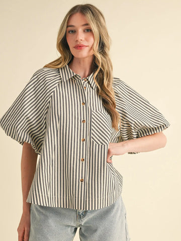 &Merci Stripped Bubble Button Down- Black