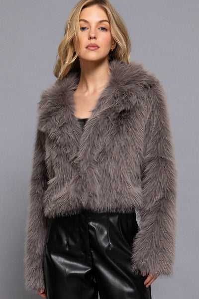 Long Sleeve Notched Collar Faux Fur Cropped Jacket