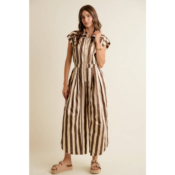 SLEEVELESS WIDRE LEG WIDE STRIPE JUMPSUIT