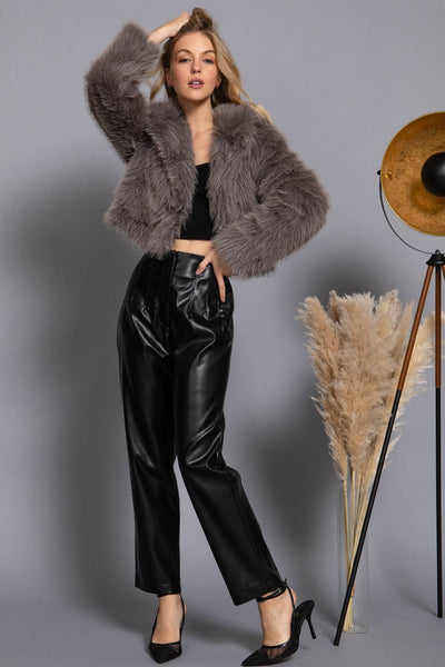 Long Sleeve Notched Collar Faux Fur Cropped Jacket