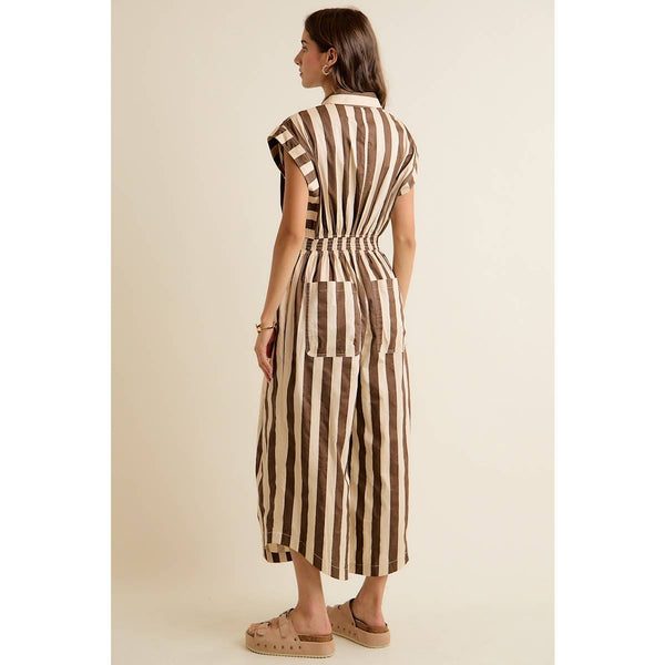 SLEEVELESS WIDRE LEG WIDE STRIPE JUMPSUIT