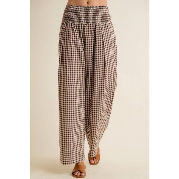 GINGHAM SMOCKED WAIST WIDE LEG PANTS