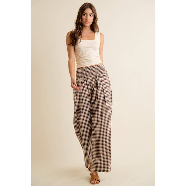GINGHAM SMOCKED WAIST WIDE LEG PANTS