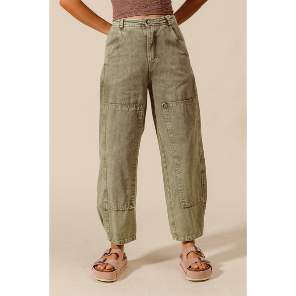 MINERAL WASHED MID RISE BARREL SHAPE PANTS
