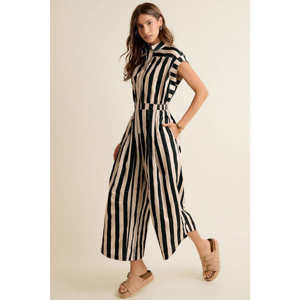 SLEEVELESS WIDRE LEG WIDE STRIPE JUMPSUIT
