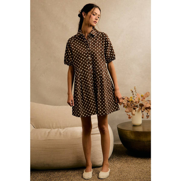 POLKA DOT TWILL PUFF-SLEEVE MINI DRESS