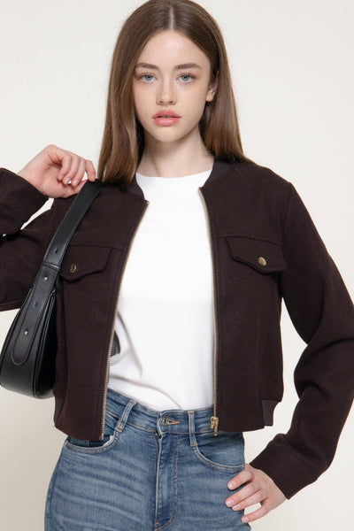 Long Sleeve Crew Neck Felt Jacket with Pocket Flap Detail