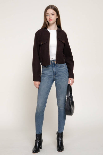 Long Sleeve Crew Neck Felt Jacket with Pocket Flap Detail