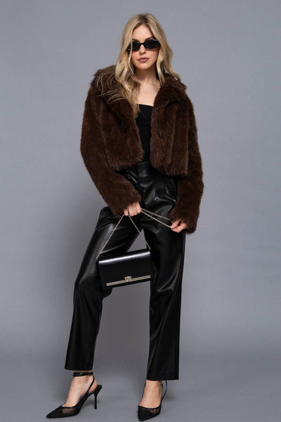 Long Sleeve Notched Collar Faux Fur Cropped Jacket