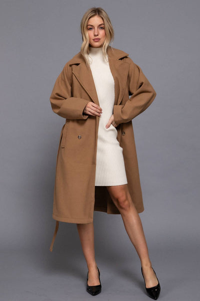Long Sleeve Double Breasted Button Soft Felt Trench Coat