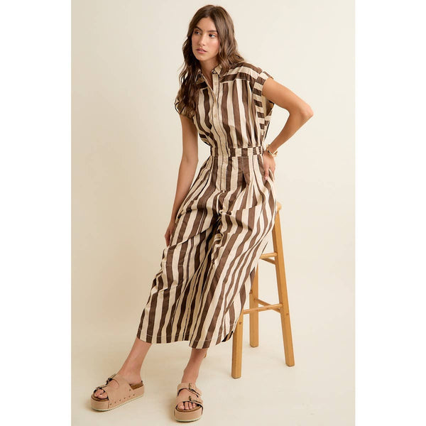 SLEEVELESS WIDRE LEG WIDE STRIPE JUMPSUIT
