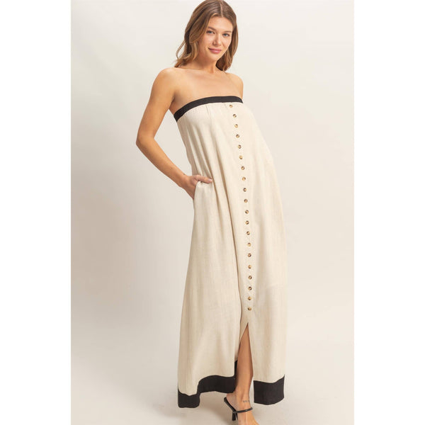 Strapless Button-Front Maxi Dress