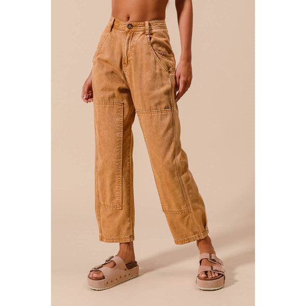 MINERAL WASHED MID RISE BARREL SHAPE PANTS