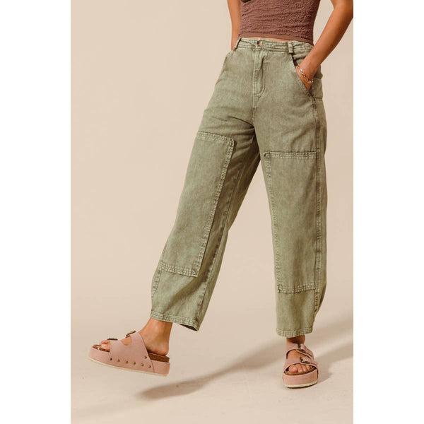 MINERAL WASHED MID RISE BARREL SHAPE PANTS
