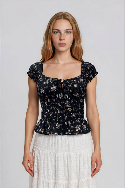FLORAL FRONT TIE SHIRRED WAIST RUFFLED TOP