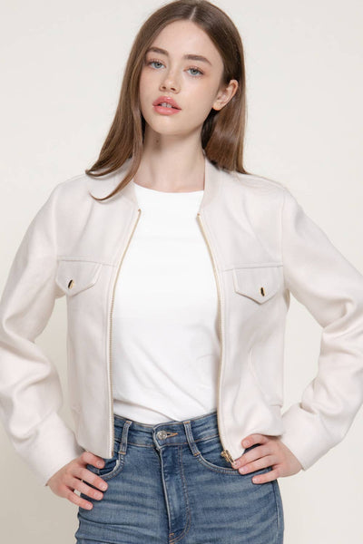 Long Sleeve Crew Neck Felt Jacket with Pocket Flap Detail