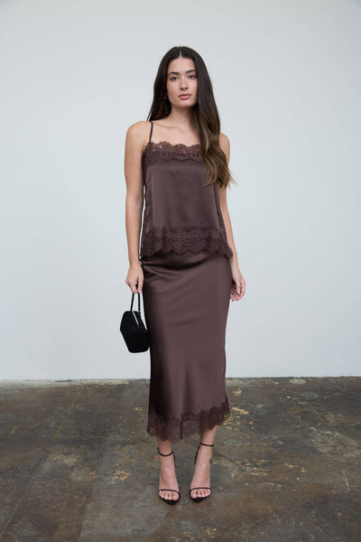 SATIN LACE HEM BACK SLIT PENCIL MIDI SKIRT (PRE-ORDER)