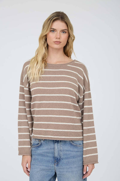 STRIPE TEXTURED RAW EDGE LONG SLEEVE KNIT SWEATER