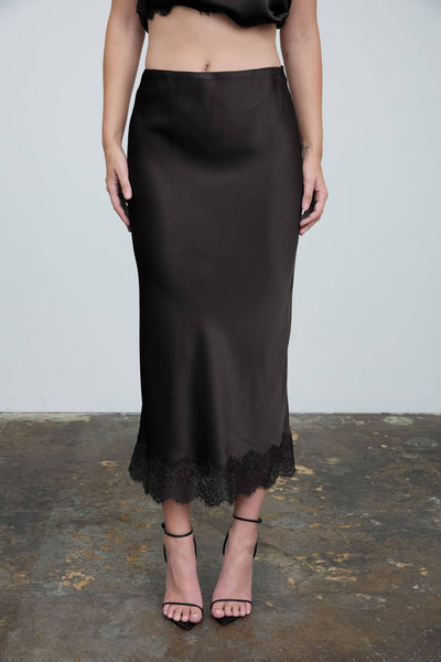 SATIN LACE HEM BACK SLIT PENCIL MIDI SKIRT (PRE-ORDER)