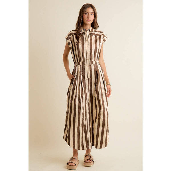 SLEEVELESS WIDRE LEG WIDE STRIPE JUMPSUIT