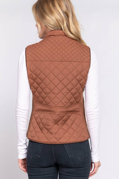 Suede Piping Detail Rib Quilted Padding Vest
