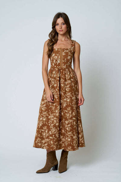 FLORAL TOILE SLEEVELESS FRONT HOOK MIDI DRESS