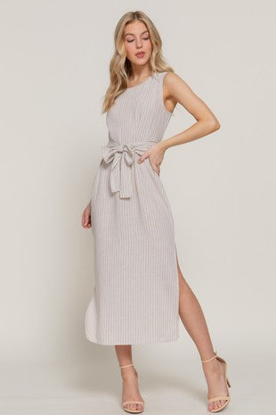 Active Basic Sleeveless Round Neck Waist Tie Linen Midi Dress
