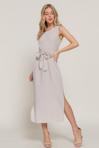 Active Basic Sleeveless Round Neck Waist Tie Linen Midi Dress