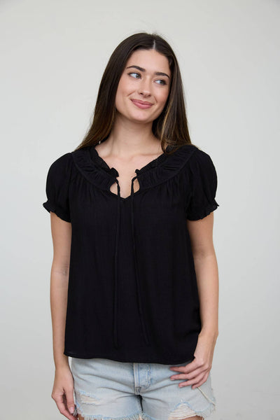 RUFFLED BOAT NECK FRONT TIE PUFF SLEEVE TOP