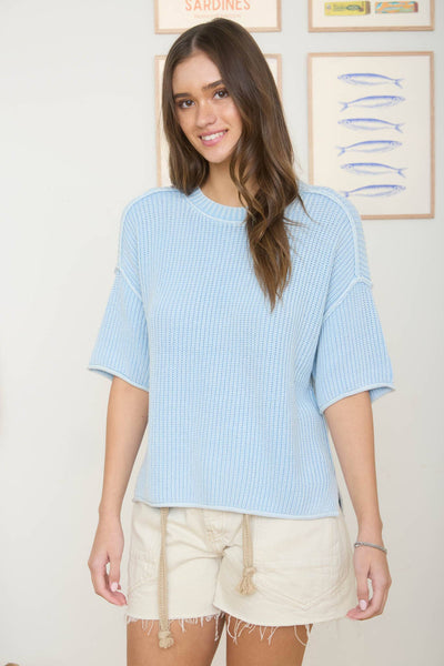 WASHED CREW NECK RAW EDGE SHORT SLEEVE SWEATER