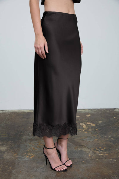 SATIN LACE HEM BACK SLIT PENCIL MIDI SKIRT (PRE-ORDER)