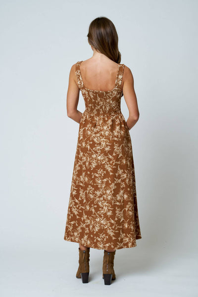 FLORAL TOILE SLEEVELESS FRONT HOOK MIDI DRESS