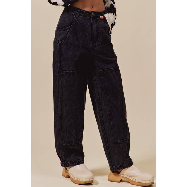 MINERAL WASHED MID RISE BARREL SHAPE PANTS