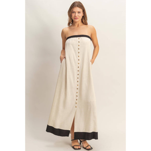 Strapless Button-Front Maxi Dress