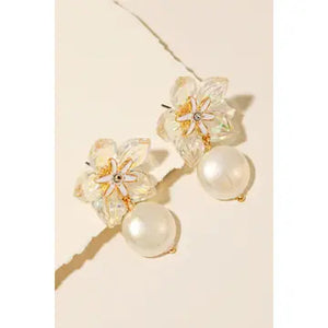Iridescent Flower and Pearl Charm Dangle Earrings