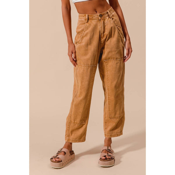 MINERAL WASHED MID RISE BARREL SHAPE PANTS