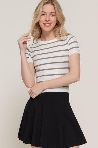 Active Basic Sleeveless Crew Neck Stripe Spring Sweater- White/Light Olive