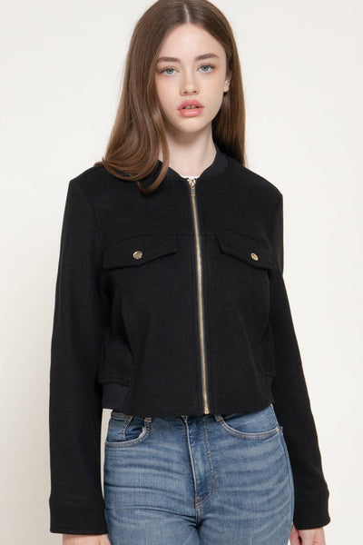Long Sleeve Crew Neck Felt Jacket with Pocket Flap Detail
