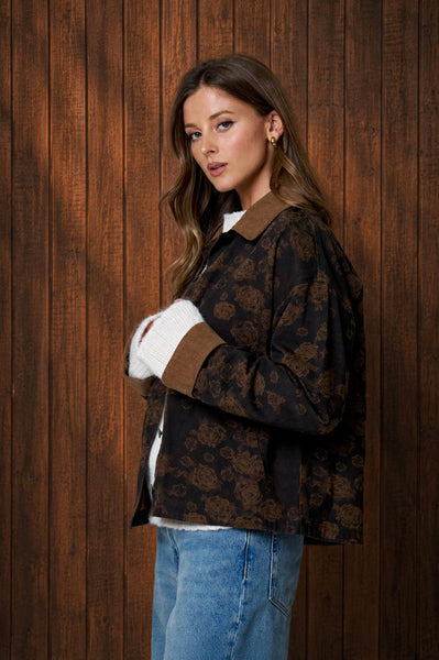 FLORAL DENIM JACQUARD CORDUROY COLLAR JACKET